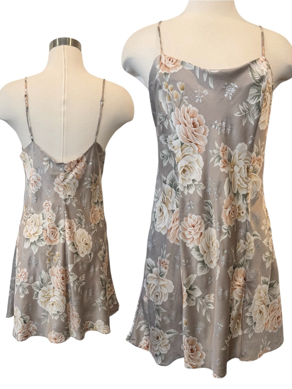 90s Victoria’s Secret Silk Champagne Silver Floral Print Vintage Slip Dress L